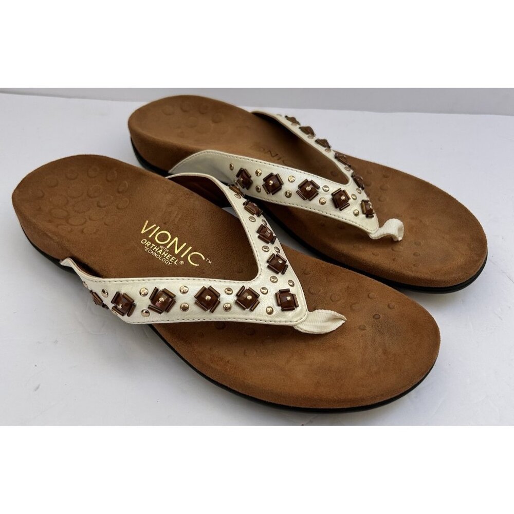 Vionic Floriana Leather Brown Beaded Thong Sandals Womens Size 9 Orthaheel Shoes - Picture 1 of 8